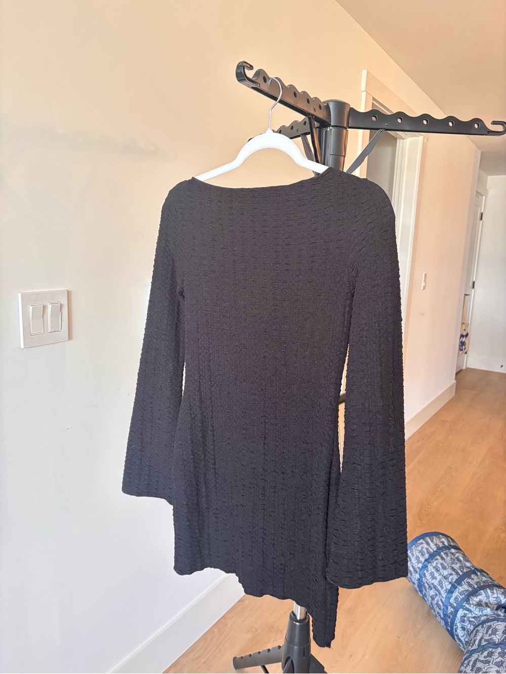 Black Mini Flare Dress with Textured Knit and Bell Sleeves